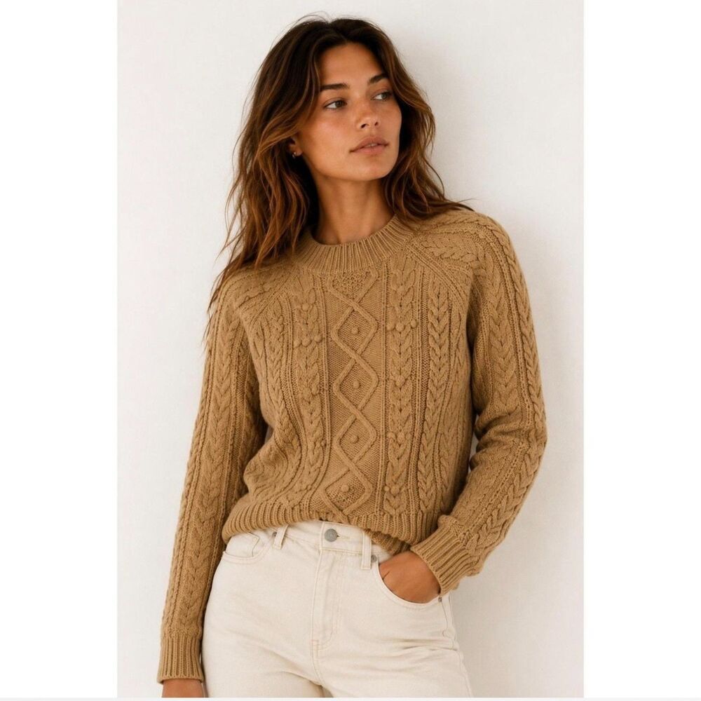 J Crew Women's Pom Pom Cable Knit Sweater Size Large Lambswool Blend Camel